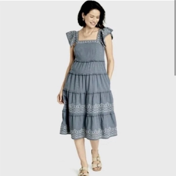 Knox Rose Women’s Medium Gray Gauzy Midi Dress Ruffle Tiered size medium - Picture 1 of 6